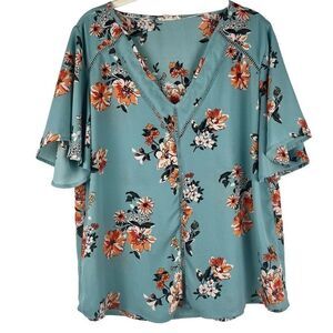 Sandy & Sid Blue Floral V-neck Blouse XL